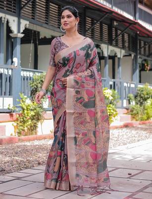Purple ethnic motifs printed zari  linen saree 2