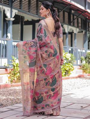Purple ethnic motifs printed zari  linen saree 3