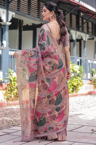 Purple ethnic motifs printed zari  linen saree