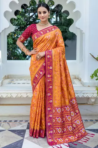 mustard & rani pink pochampally soft saree for women | festive wedding traditional wear