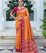 mustard & rani pink pochampally soft saree for women | festive wedding traditional wear