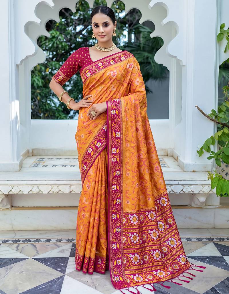 mustard & rani pink pochampally soft saree for women | festive wedding traditional wear