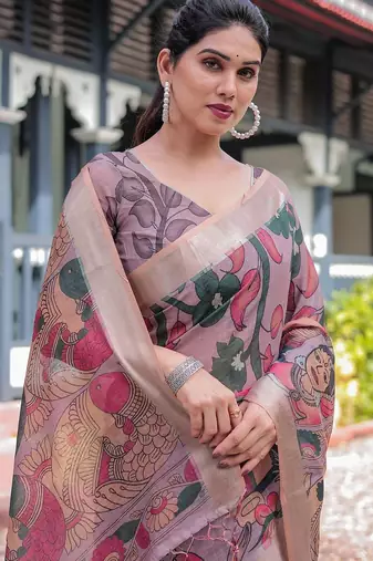 Purple ethnic motifs printed zari  linen saree