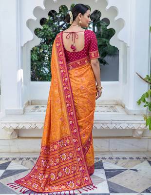mustard & rani pink pochampally soft saree for women | festive wedding traditional wear 2