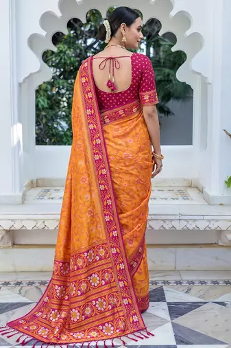 mustard & rani pink pochampally soft saree for women | festive wedding traditional wear