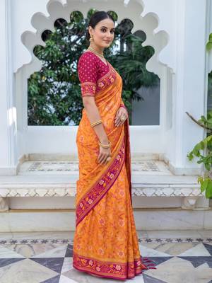 mustard & rani pink pochampally soft saree for women | festive wedding traditional wear 3