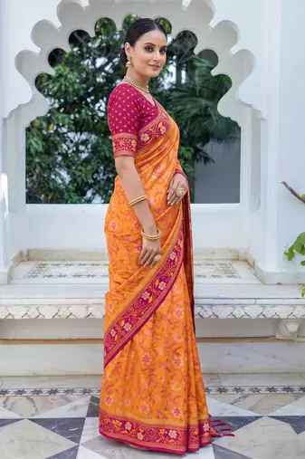 mustard & rani pink pochampally soft saree for women | festive wedding traditional wear