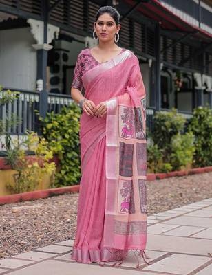 Peach ethnic motifs zari  linen saree 1