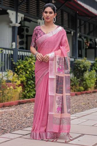 Peach ethnic motifs zari  linen saree