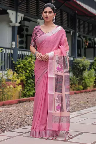 Peach ethnic motifs zari  linen saree