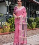 Peach ethnic motifs zari  linen saree