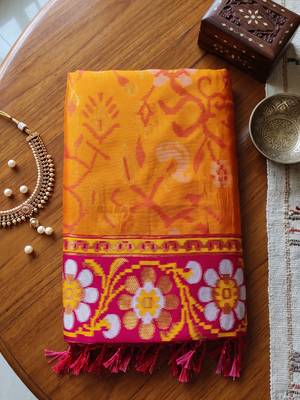 mustard & rani pink pochampally soft saree for women | festive wedding traditional wear 4