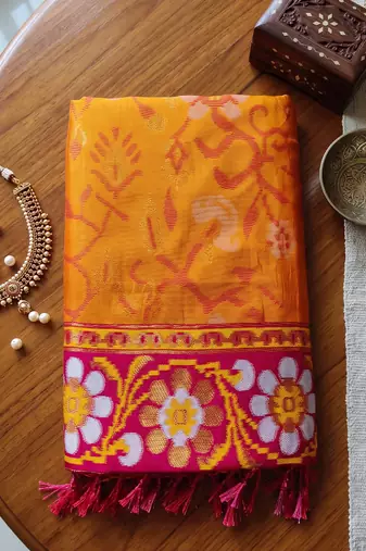 mustard & rani pink pochampally soft saree for women | festive wedding traditional wear