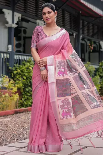 Peach ethnic motifs zari  linen saree