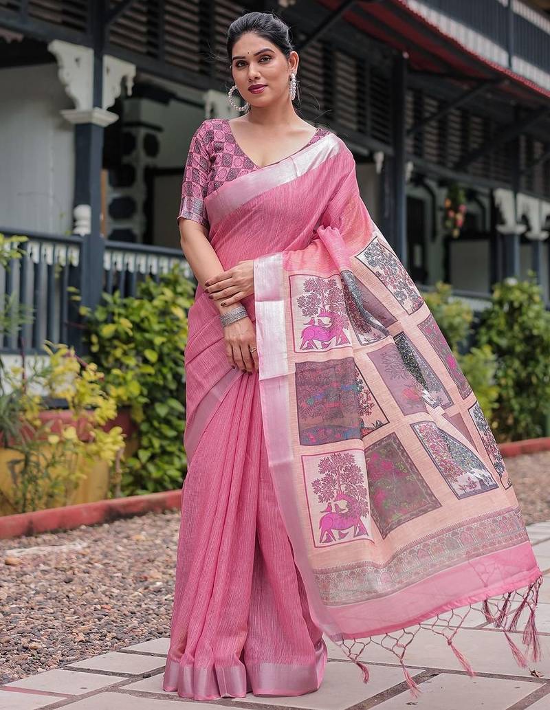 Peach ethnic motifs zari  linen saree