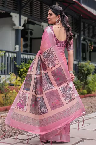 Peach ethnic motifs zari  linen saree