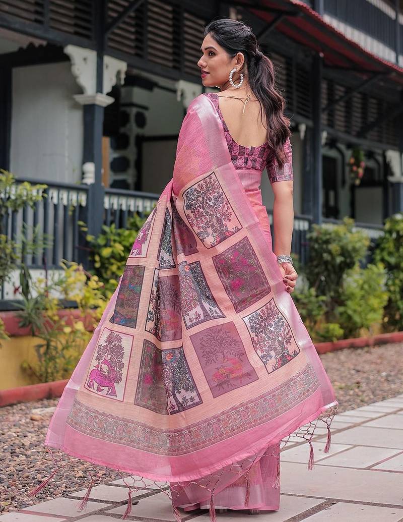 Peach ethnic motifs zari  linen saree