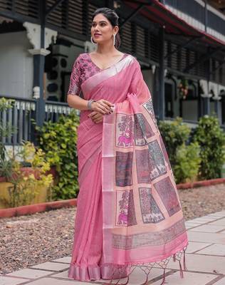Peach ethnic motifs zari  linen saree 4