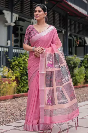 Peach ethnic motifs zari  linen saree