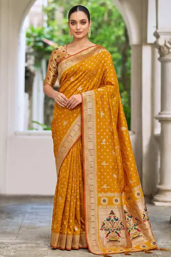 mustard banarasi silk blend saree for women | festive & wedding traditional party ethnic wear