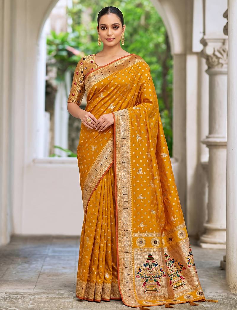 mustard banarasi silk blend saree for women | festive & wedding traditional party ethnic wear