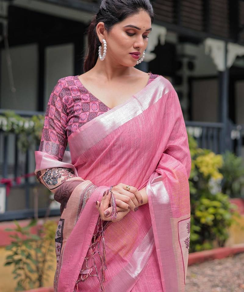 Peach ethnic motifs zari  linen saree