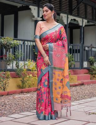 Pink pink floral printed zari  linen saree 1