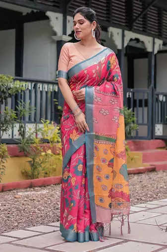 Pink pink floral printed zari  linen saree