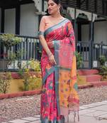 Pink pink floral printed zari  linen saree
