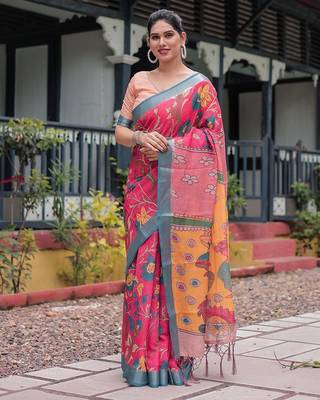 Pink pink floral printed zari  linen saree 2