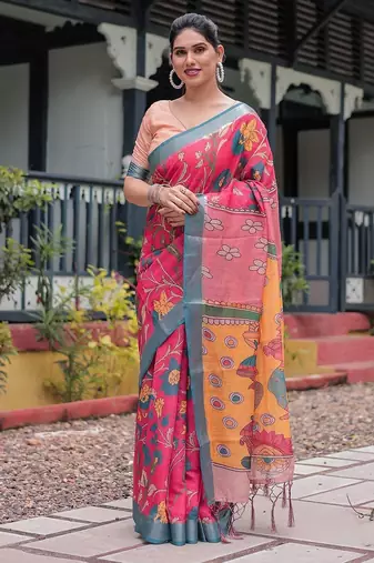 Pink pink floral printed zari  linen saree