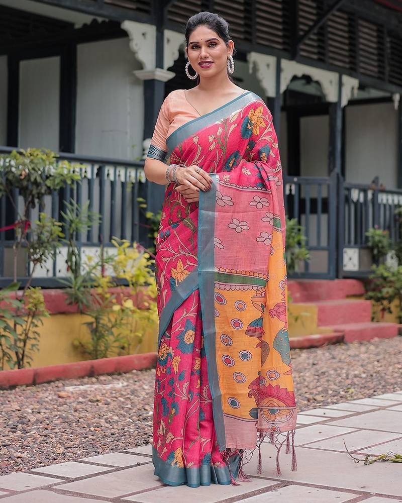 Pink pink floral printed zari  linen saree