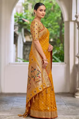 mustard banarasi silk blend saree for women | festive & wedding traditional party ethnic wear