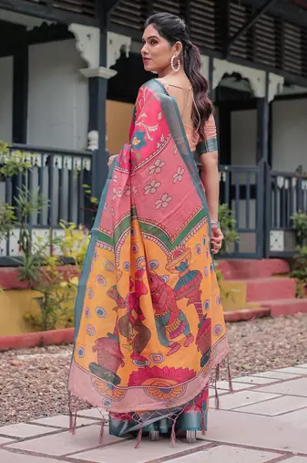 Pink pink floral printed zari  linen saree