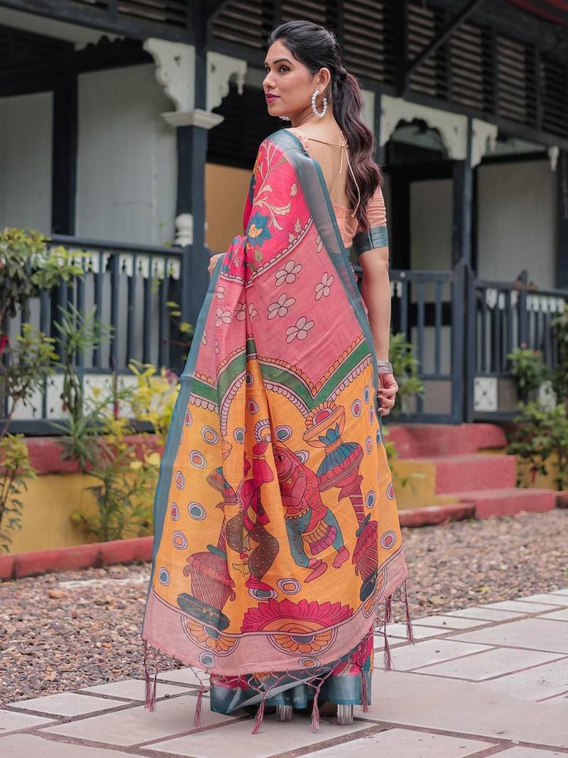 Pink pink floral printed zari  linen saree