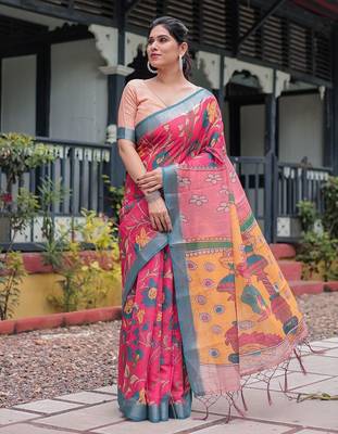 Pink pink floral printed zari  linen saree 4