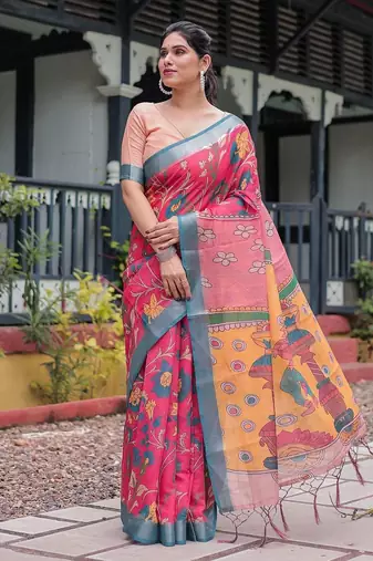 Pink pink floral printed zari  linen saree