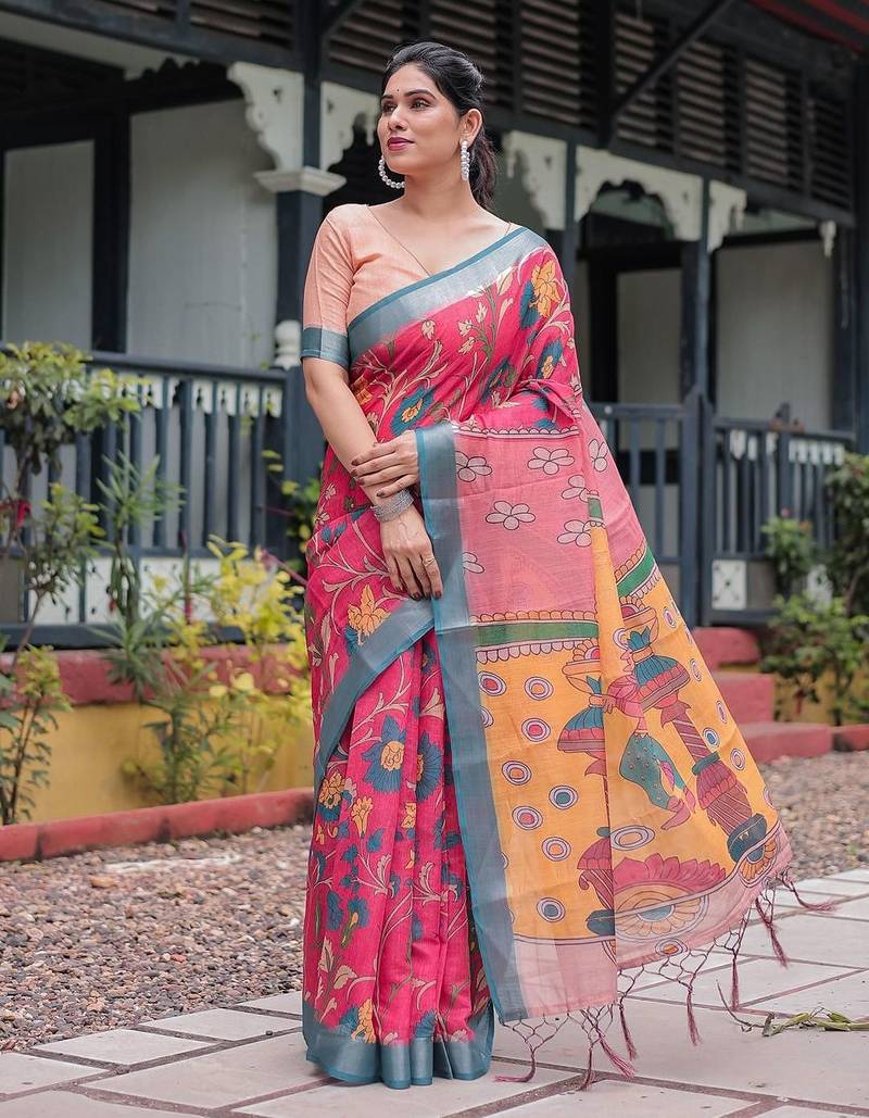 Pink pink floral printed zari  linen saree