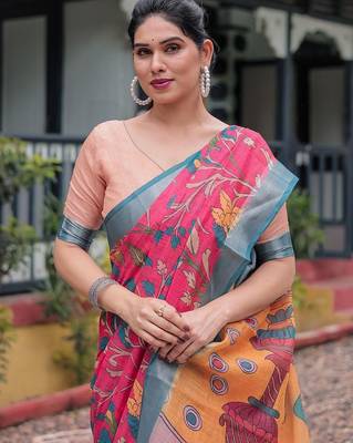 Pink pink floral printed zari  linen saree 5