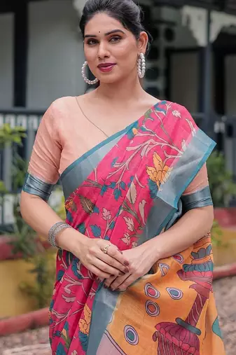 Pink pink floral printed zari  linen saree