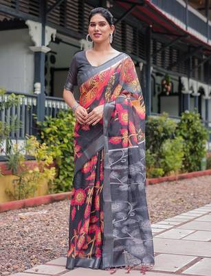 Grey ethnic motifs zari  linen saree 1