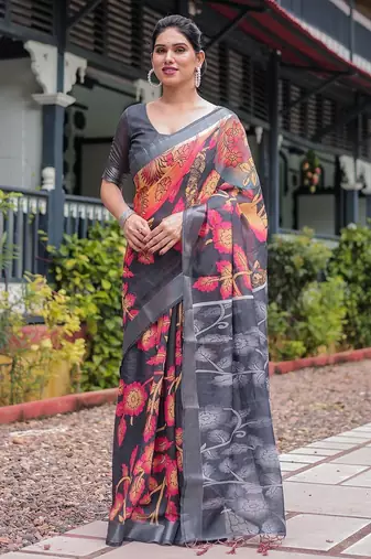 Grey ethnic motifs zari  linen saree
