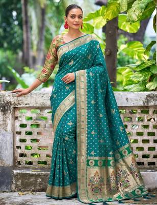 teal green banarasi silk blend saree for women | festive & wedding traditional party ethnic wear 1