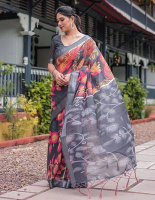 Grey ethnic motifs zari  linen saree 2