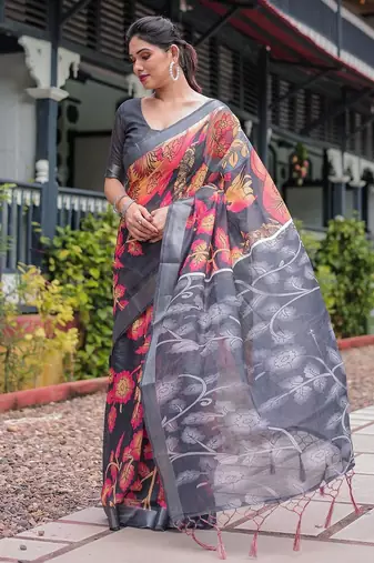 Grey ethnic motifs zari  linen saree
