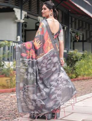 Grey ethnic motifs zari  linen saree 3