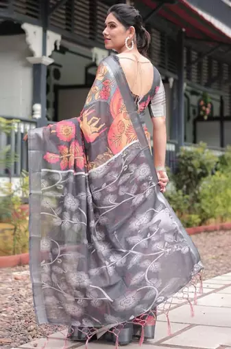 Grey ethnic motifs zari  linen saree