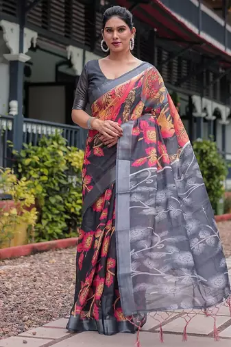Grey ethnic motifs zari  linen saree