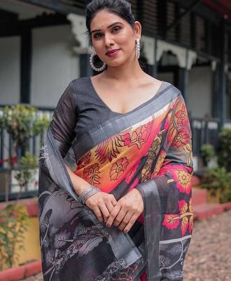 Grey ethnic motifs zari  linen saree 5