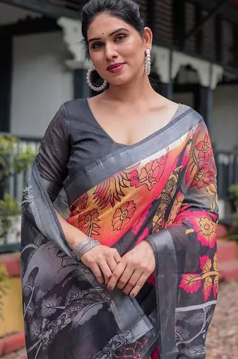 Grey ethnic motifs zari  linen saree